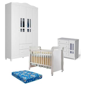 Quarto de Bebê Ariel 4 Portas e Berço Americano Mirelle Branco Brilho com Colchão Ortobom - Carolina