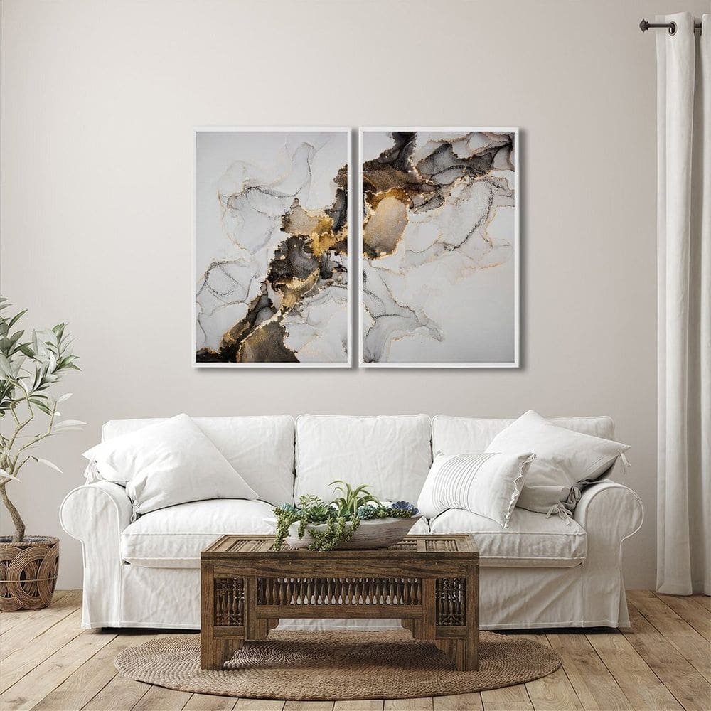 Quadro Decorativo Ouro e Cinza com 2 Telas de Parede para Sala Quarto Escritório 60cm X 90cm Branco