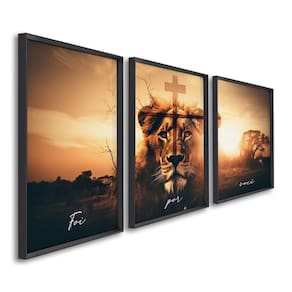 Quadro Decorativo Religioso Foi por Você Cruz e Leão com 3 Telas Cm de Parede para Escritório Banhei Preto