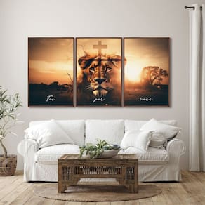 Quadro Decorativo Religioso Foi por Você Cruz e Leão 3 Telas de Parede para Escritório Banheiro Hall Marrom