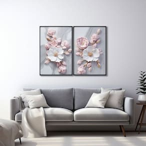 Quadro Decorativo Floral Flor de Porcelana com 2 Telas de Parede para Sala Quarto Escritório 60cm x Preto