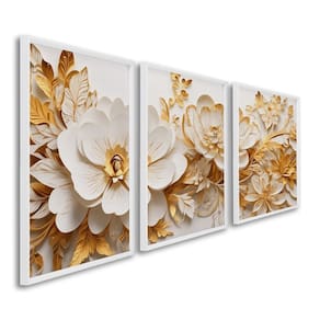 Quadro Decorativo Floral Delicado Flores Brancas e Amarelas com 3 Telas de Parede para Sala Quarto e Branco
