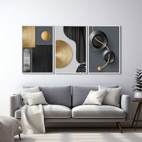 Quadro Decorativo Geométrico Formas e Linhas 3 Telas de Parede para Sala Quarto Escritório 60cm X 90 Branco