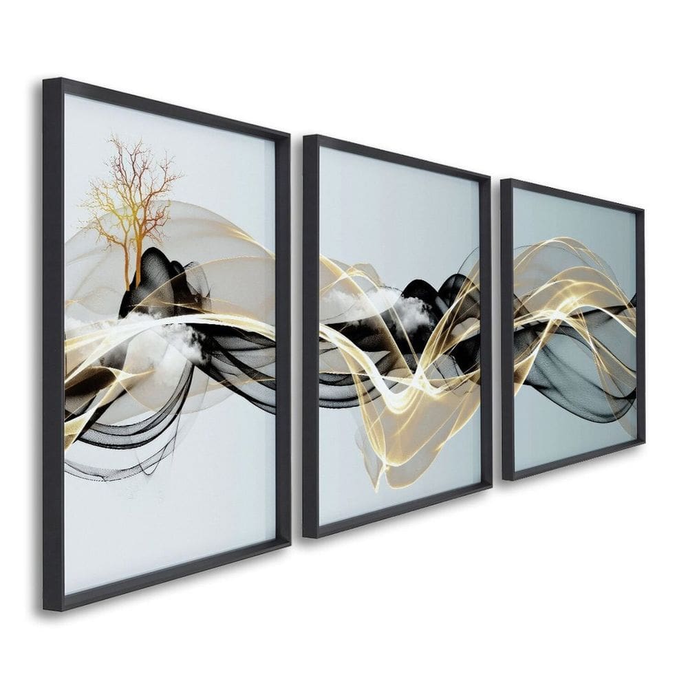 Quadro Decorativo Abstrato com 3 Telas de Parede para Sala Quarto Escritório 60cm X 90cm Preto