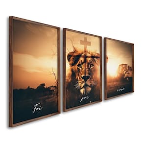 Quadro Decorativo Religioso Foi por Você Cruz e Leão com 3 Telas Cm de Parede para Escritório Banhei Marrom