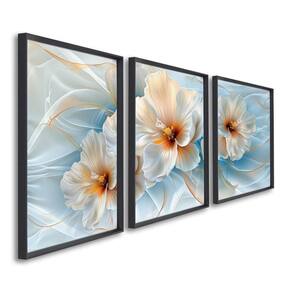 Quadro Decorativo Floral Flor de Hibisco com 3 Telas de Parede para Sala Quarto Escritório 60cm X 90 Preto