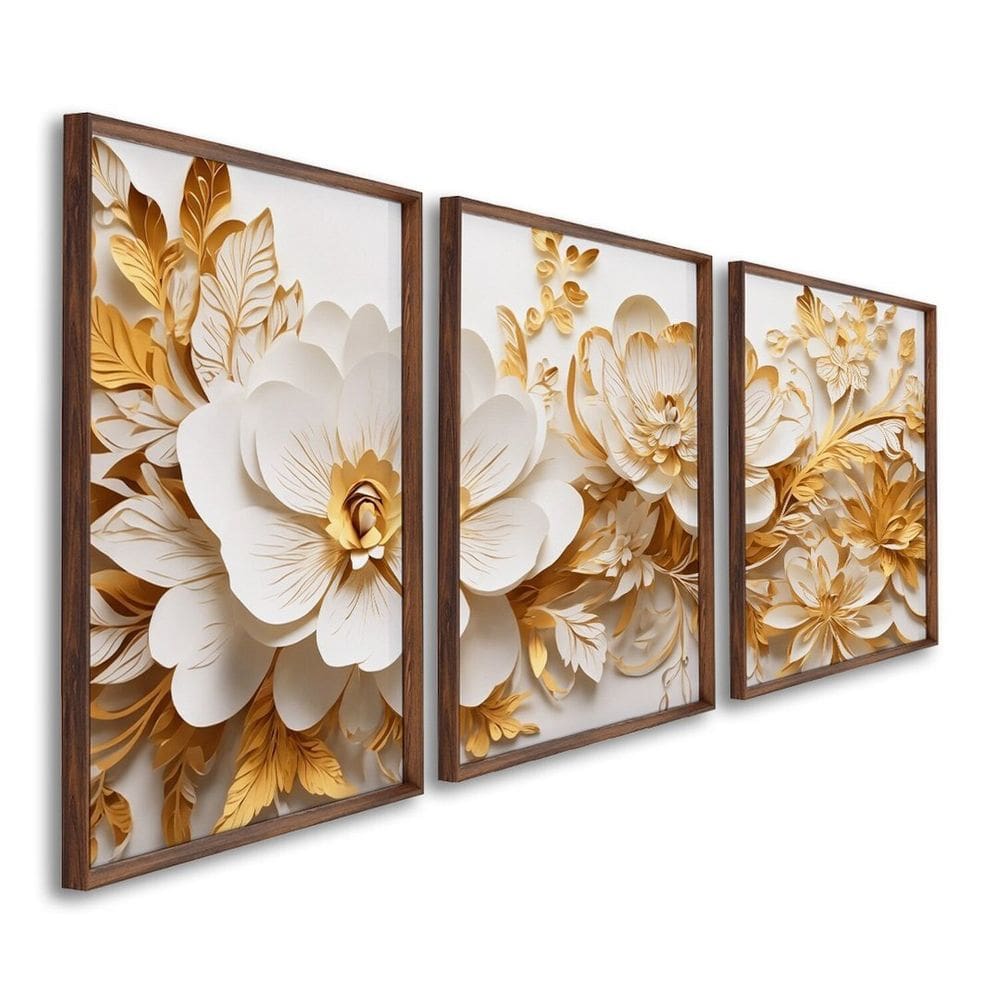 Quadro Decorativo Floral Delicado Flores Brancas e Amarelas com 3 Telas de Parede para Sala Quarto e Marrom