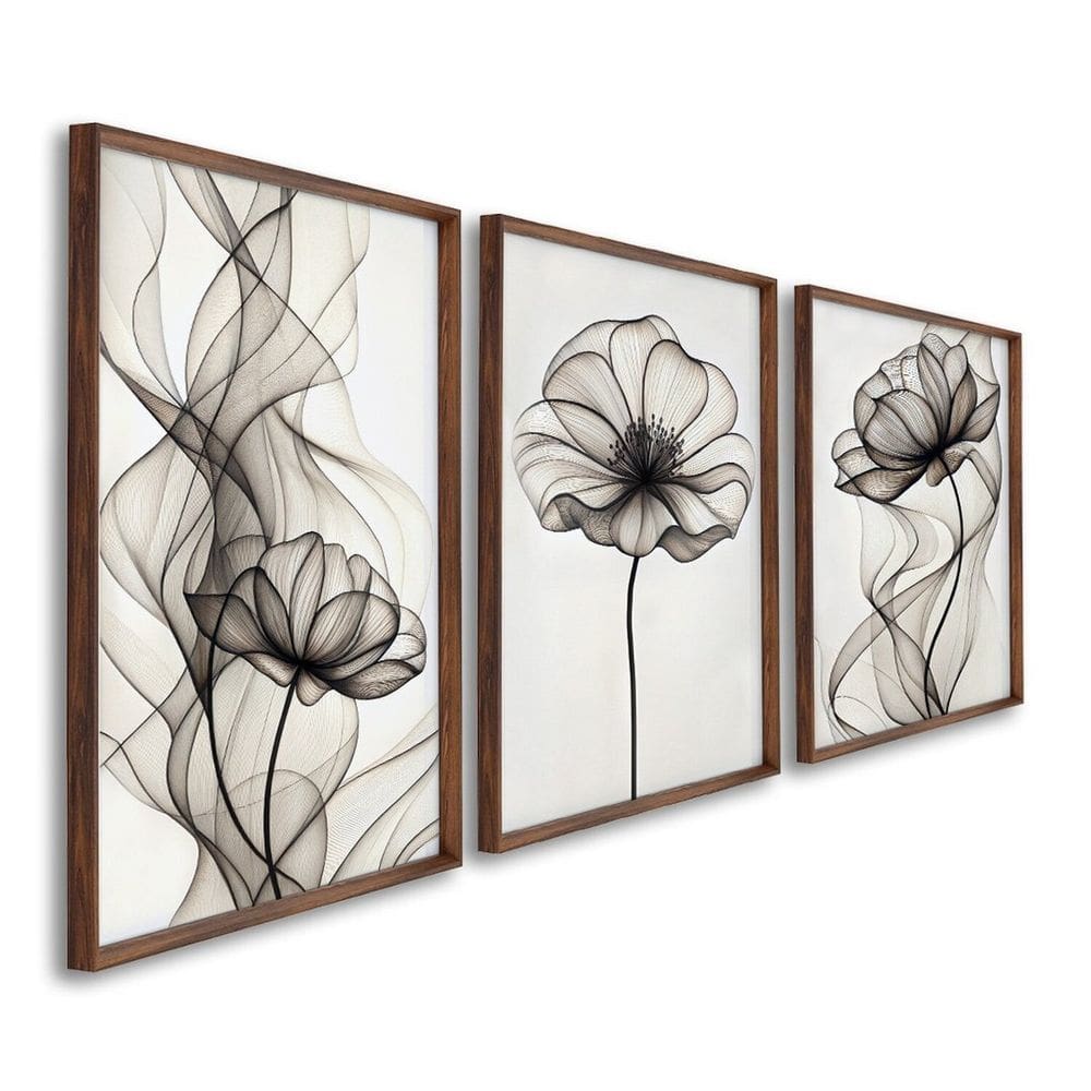 Quadro Decorativo Modelo Floral Iii com 3 Telas de Parede para Sala Quarto Escritório 60cm X 90cm Marrom