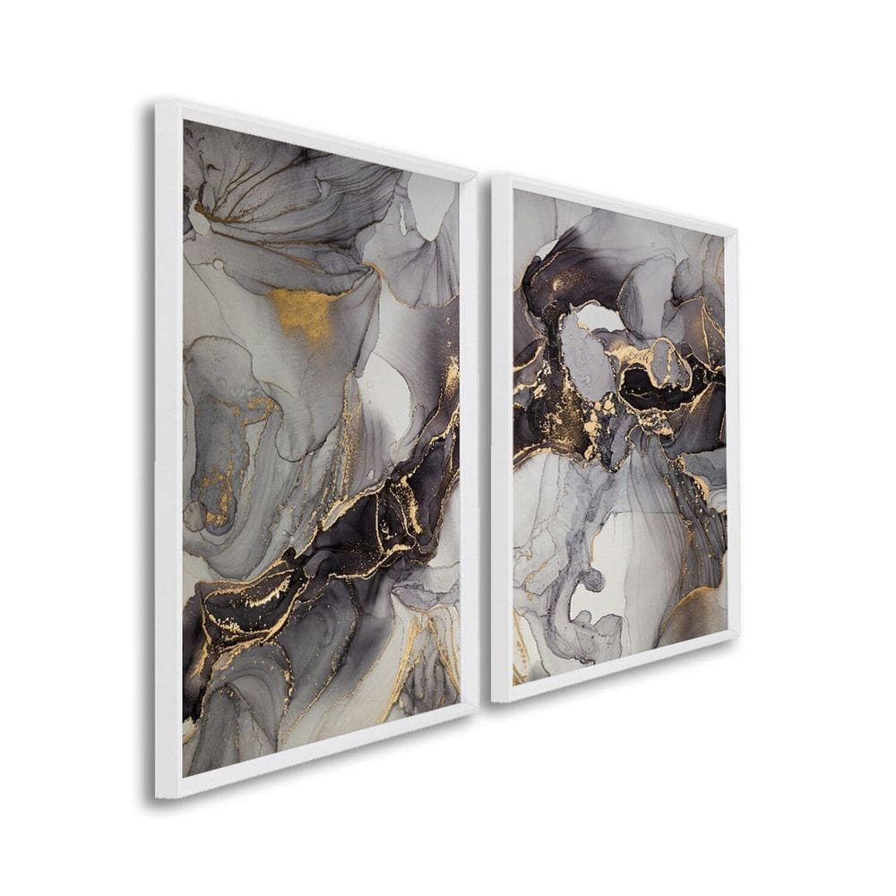 Quadro Decorativo Ouro e Cinza com 2 Telas de Parede para Sala Quarto Escritório 60cm X 90cm Branco