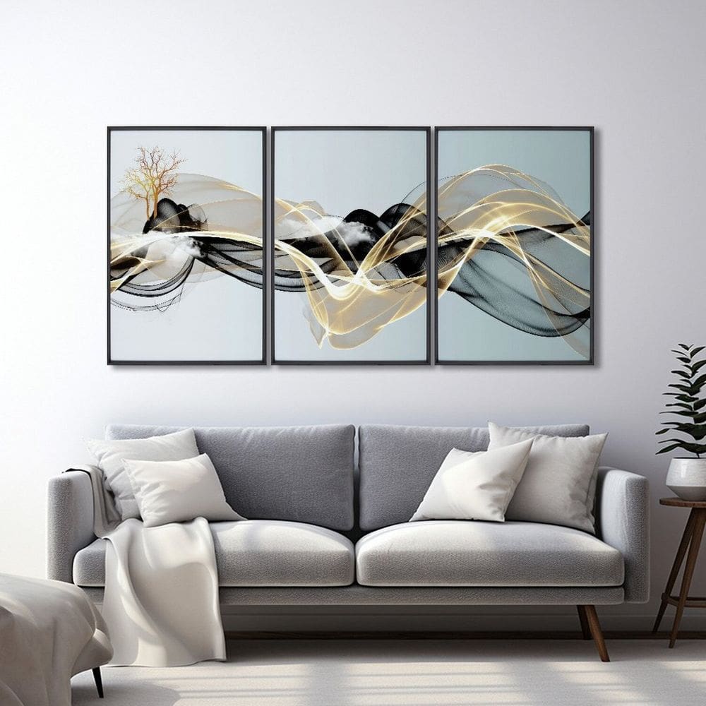 Quadro Decorativo Abstrato com 3 Telas de Parede para Sala Quarto Escritório 60cm X 90cm Preto