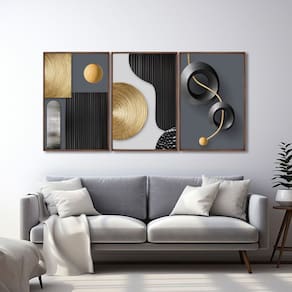 Quadro Decorativo Geométrico Formas e Linhas 3 Telas de Parede para Sala Quarto Escritório 60cm X 90 Marrom