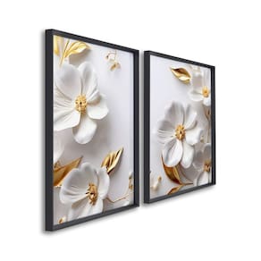 Quadro com Flores Brancas Delicado com 2 Telas de Parede Decorativo para Sala Quarto Escritório 60cm Preto