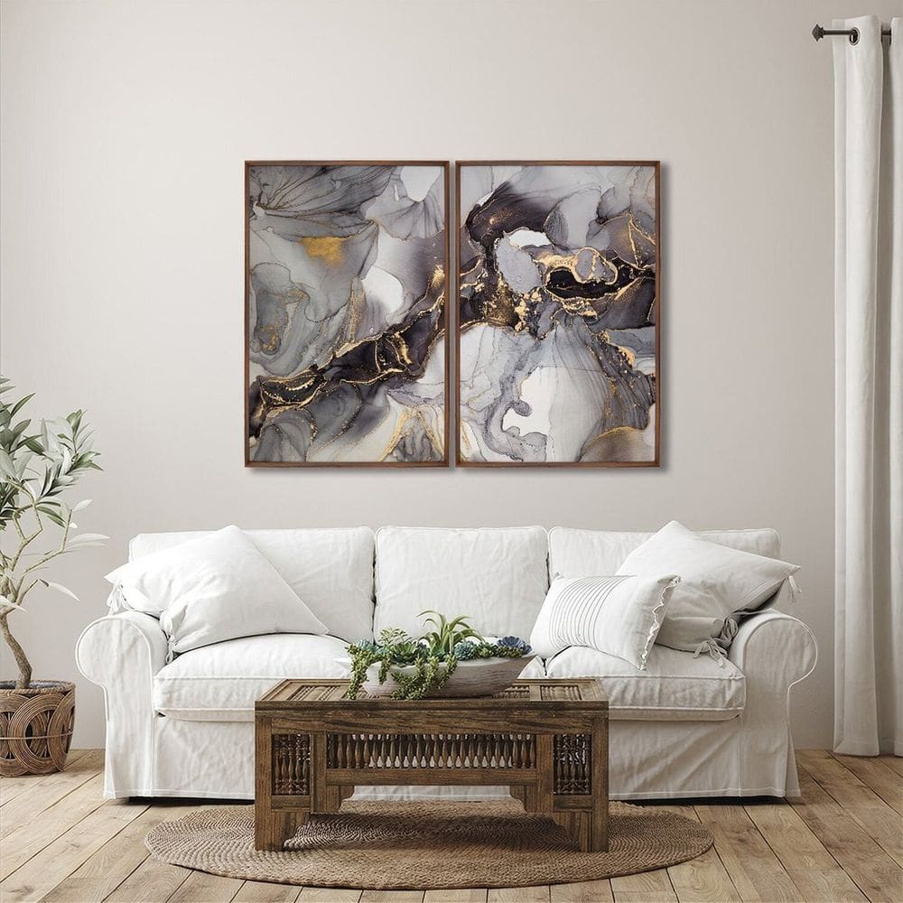 Quadro Decorativo Ouro e Cinza com 2 Telas de Parede para Sala Quarto Escritório 60cm X 90cm Marrom
