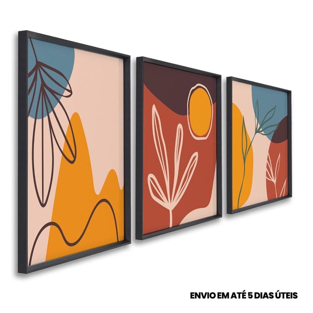 Quadro Decorativo Composição 3 Telas de Parede para Sala Quarto Escritório 60cm X 90cm Preto