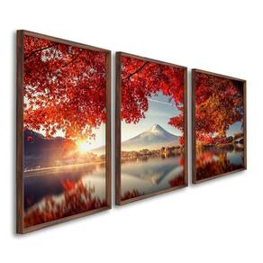 Quadro Decorativo Paisagem Montanhas e Flores Vermelhas com 3 Telas de Parede para Sala Quarto Escri Marrom
