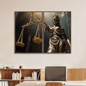 Quadro Decorativo Temático Direito Balança da Justiça com 2 Telas de Parede para Escritório Sala Hal Marrom
