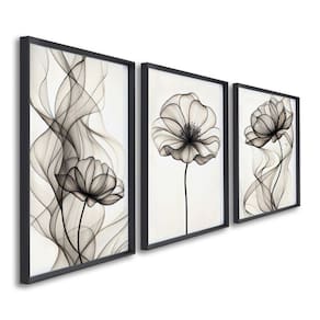 Quadro Decorativo Modelo Floral Iii com 3 Telas de Parede para Sala Quarto Escritório 60cm X 90cm Preto