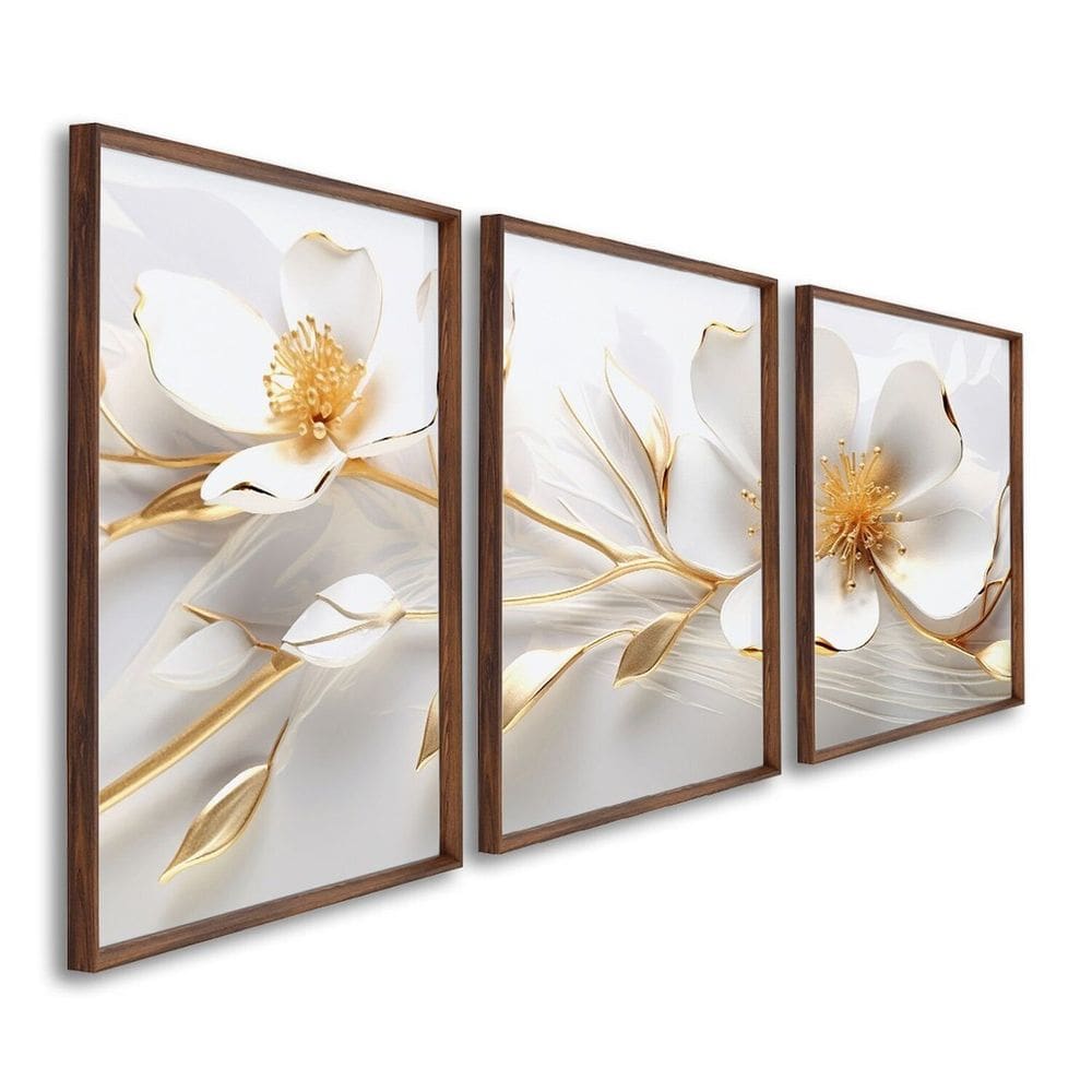 Quadro Decorativo Floral Delicado Magnólias com 3 Telas de Parede para Sala Quarto Escritório 60cm X Marrom