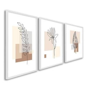 Quadro Decorativo Folhas Abstratas com 3 Telas para Escritório Hall Quarto 60cm X 90cm Branco
