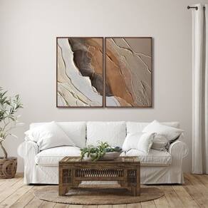 Quadro Decorativo Modelo Pedra Rachada com 2 Telas de Parede para Sala Quarto Escritório 60cm X 90cm Marrom