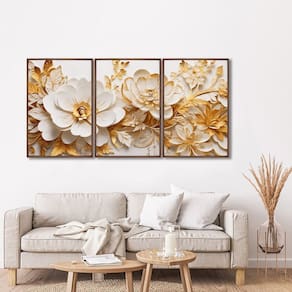 Quadro Decorativo Floral Delicado Flores Brancas e Amarelas com 3 Telas de Parede para Sala Quarto e Marrom