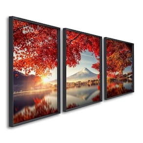 Quadro Decorativo Paisagem Montanhas e Flores Vermelhas com 3 Telas de Parede para Sala Quarto Escri Preto