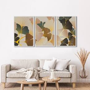 Quadro Decorativo Floral Flores Tropicais com 3 Telas de Parede para Sala Quarto Escritório 60cm X 9 Branco