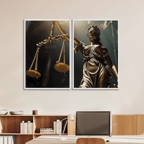 Quadro Decorativo Temático Direito Balança da Justiça com 2 Telas de Parede para Escritório Sala Hal Branco