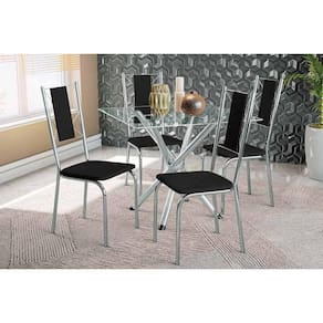 Sala de Jantar Completa Volga c/ Tampo de Vidro 90cm e 4 Cadeiras Lisboa Cromada - Courano Preto - Kappesberg