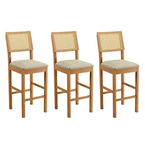 Conjunto 3 Banquetas Jade 03 Madeira Maciça Jcm Encosto Rattan E Linho Bege