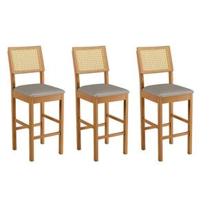 Conjunto 3 Banquetas Jade 03 Madeira Maciça Jcm Encosto Rattan E Veludo Cinza