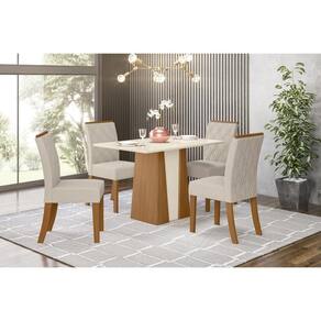 Sala De Jantar Completa Orus C- Tampo Madeirado 120x80cm E 4 Cadeiras Vita Nature-off White - Linho Bege - Henn