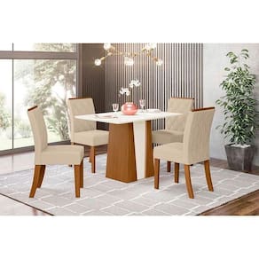 Sala De Jantar Completa Orus C- Tampo Madeirado 120x80cm E 4 Cadeiras Vita Nature-off White - Linho Bege - Henn