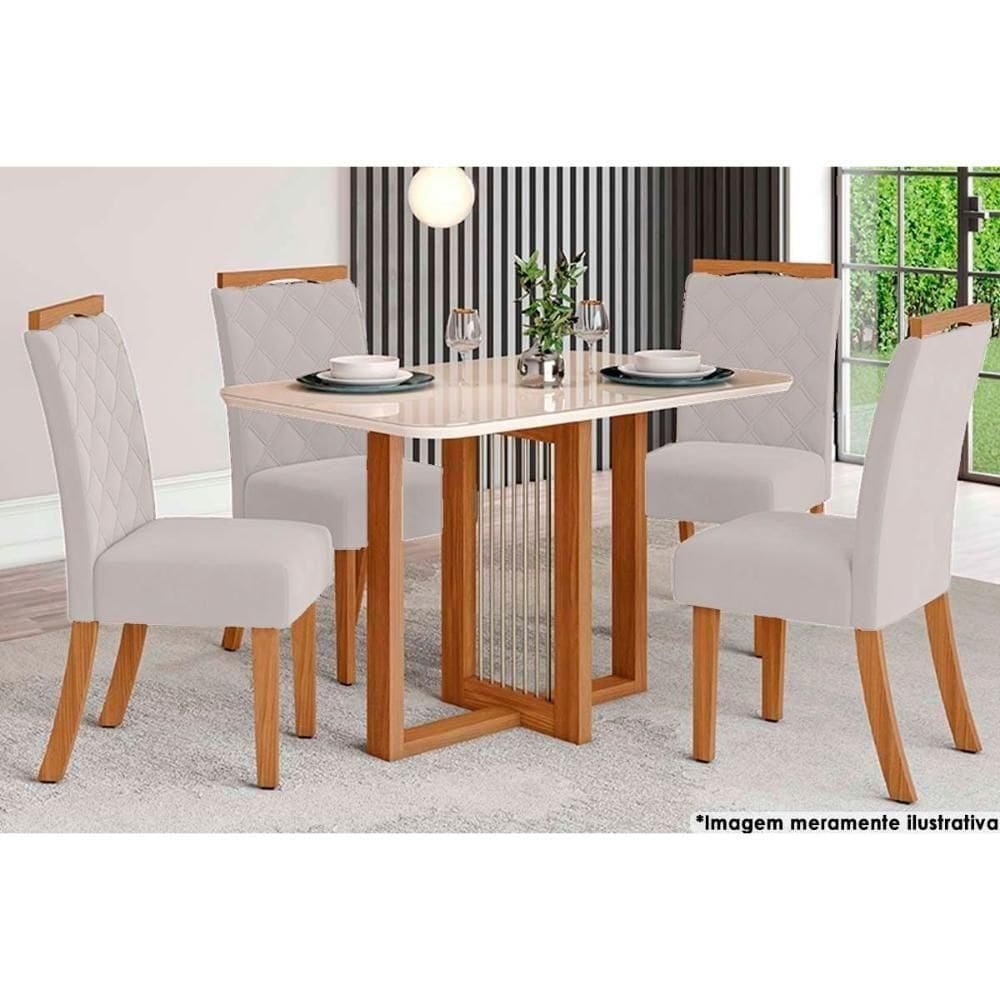Sala De Jantar Completa Natalí C- Tampo Madeirado C- Vidro Curvo 120x80cm E 4 Cadeiras Bella Nature-linho - Henn