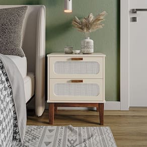 Mesa De Cabeceira 2 Gavetas Santorini Off White 45 Cm Com Tela Indiana - Off White