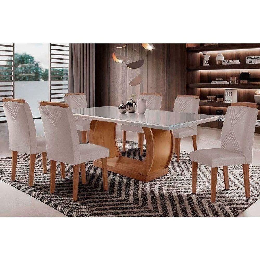Sala De Jantar Completa Jade Tampo Madeirado C- Vidro Curvo 180x90 E 6 Cadeiras Amsterdã Capuccino-suede Creme - Rufato