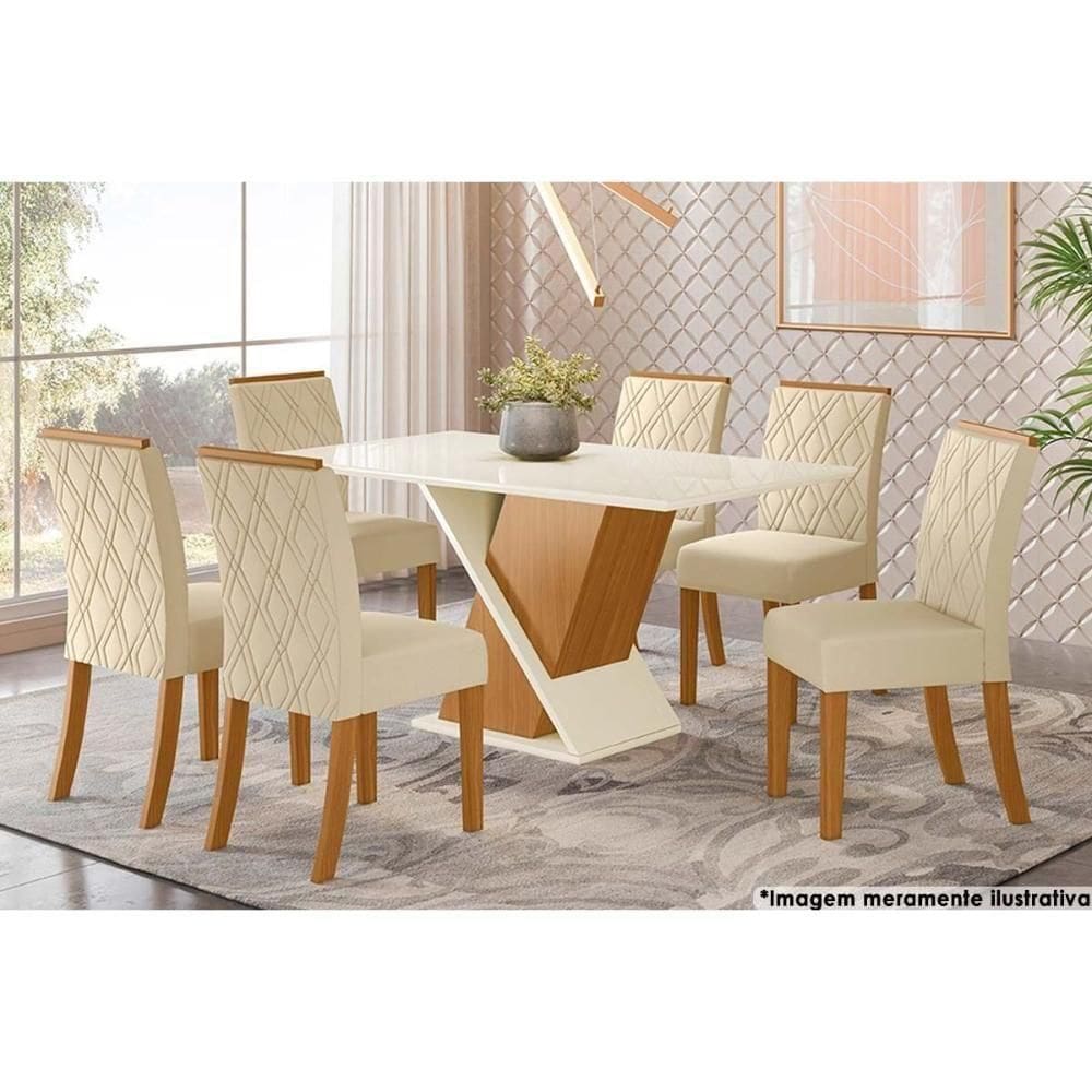Sala De Jantar Completa Solus Tampo Madeirado C- Vidro Canto Reto 160x90cm E 6 Cadeiras Vita Nature-veludo Light Linho - Henn