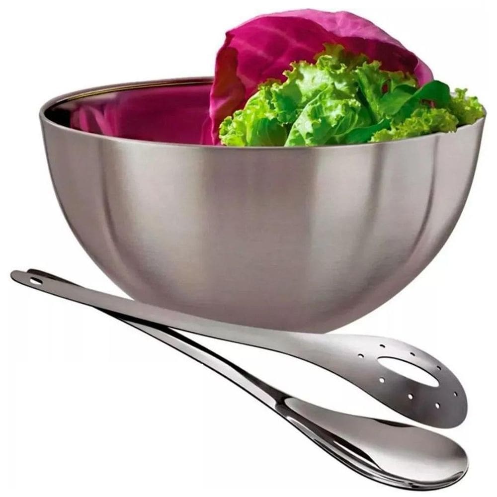 Kit Saladeira Inox Com Pegador 24Cm Redonda 3 Peças - Wincy