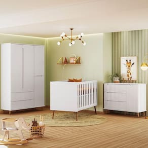 Quarto Bebe Retro Lunna 100% MDF Roupeiro Cômoda Com Porta Berço Mini Cama Peternella Branco