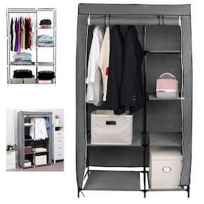 Guarda Roupas Duplo Portatil Arara Cabideiro Com Prateleiras Dobravel Organizador Compacto Cinza
