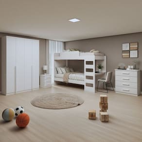 Quarto Infantil com Beliche Olga Cômoda e Cômoda Baião e Guarda-Roupa Alonzo