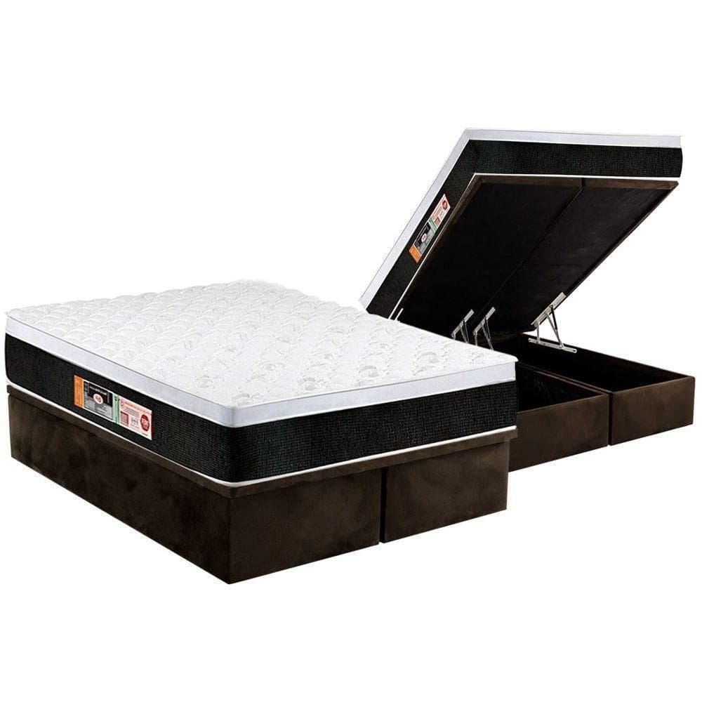 Cama Box Baú King: Colchão Espuma D45 Castor Black E White Air Euro Pillow + Base Brown(193X203)