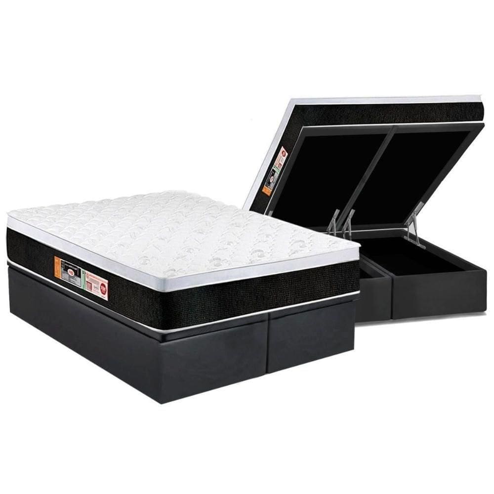 Cama Box Baú King: Colchão Espuma D45 Castor Black E White Air Euro Pillow + Base Gray(193X203)
