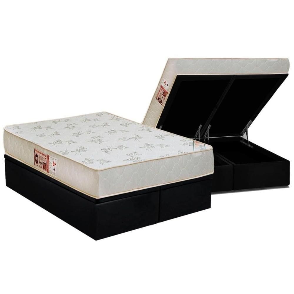 Cama Box Baú Queen: Colchão Espuma D33 Castor Sleep Max Relax + Base Crc Suede Black(158X198)