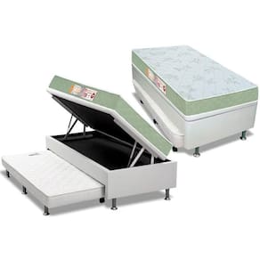 Cama Box Baú C/Auxiliar Solteiro: Colchão Espuma Castor D33 Sleep Max + Base White(88X188)
