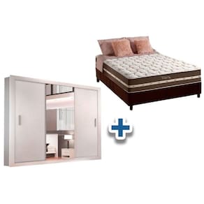 Cama Box Casal + Colchão Classic + Guarda Roupa Veneza Luxo Branco