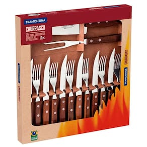 Jogo de Talheres para Churrasco com 14 Peças em Madeira Natural e Aço Inox - Tramontina