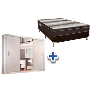 Cama Box Casal + Colchão Light Ortobom + Guarda Roupa Veneza Luxo Branco