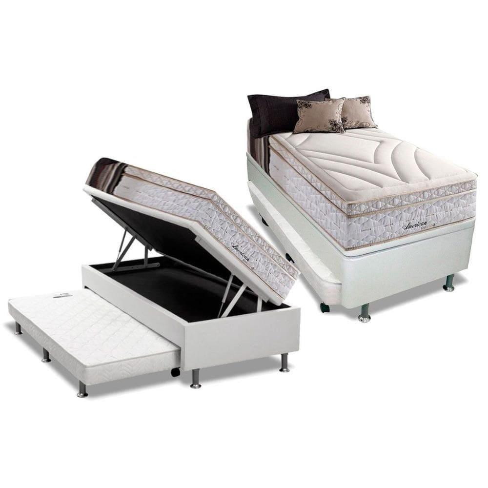 Cama Box Baú C/Auxiliar Solteiro: Colchão Molas Herval Maxspring American + Base Branco(88X188)
