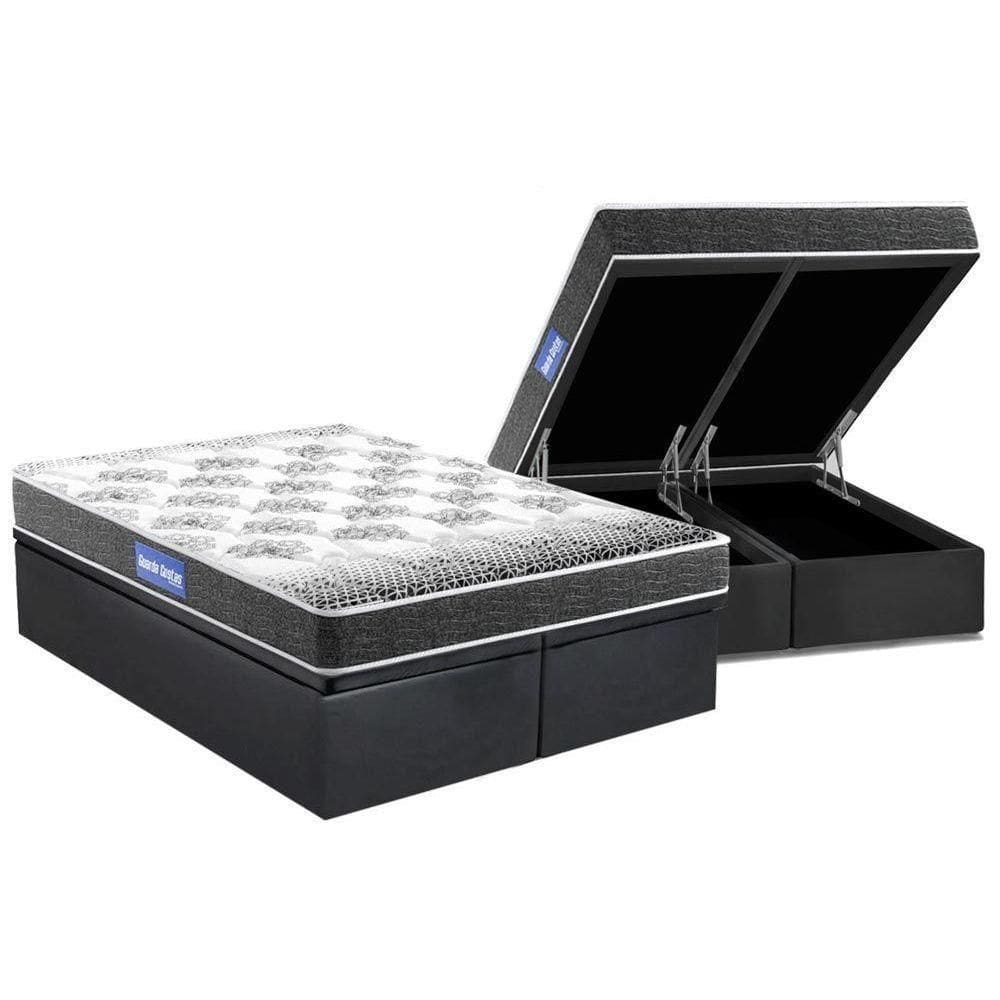 Cama Box Baú Queen: Colchão Espuma Probel D20 Guarda Costas Resistente Black + Base Gray(158X198)